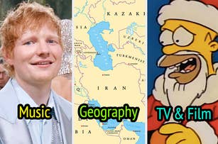 Ed Sheeran in a suit, a map, and Homer Simpson. Text indicating categories: Music, Geography, TV & Film