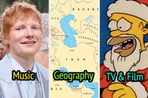 Ed Sheeran in a suit, a map, and Homer Simpson. Text indicating categories: Music, Geography, TV & Film