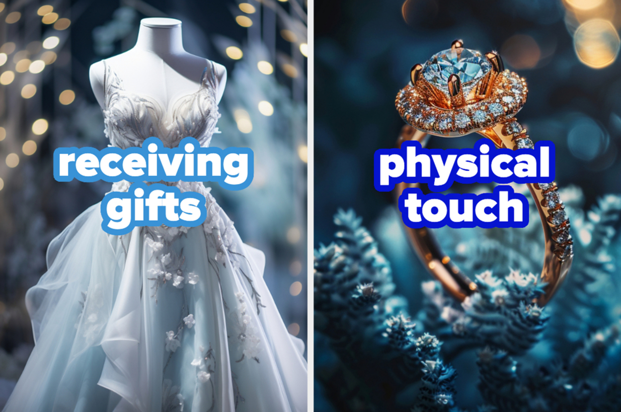Left: Mannequin displaying an embroidered wedding dress. Right: Close-up of an ornate engagement ring. Text overlays: "receiving gifts" and "physical touch"
