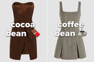 Two themed dresses: one inspired by a cocoa bean with a chocolate bar accessory, and the other by a coffee bean with a cup charm