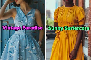 On the left, someone wearing a vintage style dress labeled Vintage Paradise, and on the right, someone wearing a short sleeved dress labeled Sunny Surfercore