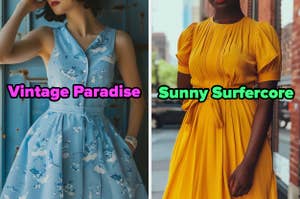 On the left, someone wearing a vintage style dress labeled Vintage Paradise, and on the right, someone wearing a short sleeved dress labeled Sunny Surfercore