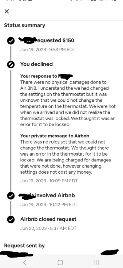Summary of a conversation regarding a disputed Airbnb charge, with the request being declined and closed