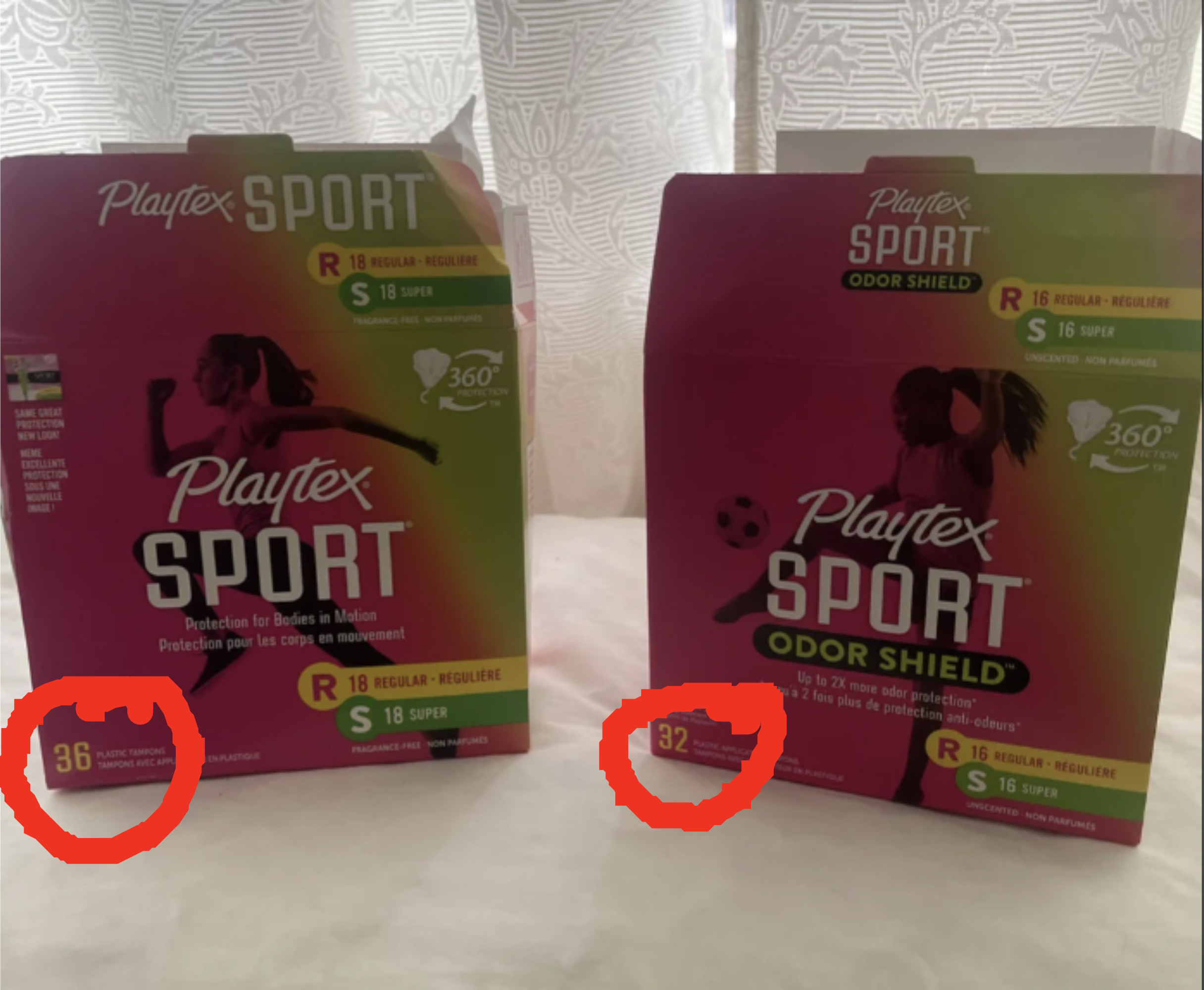Boxes of Playtex Sport tampons highlighting &#x27;360&#x27; design and &#x27;Odor Shield&#x27; feature, in a multipack of 36 and 32 counts