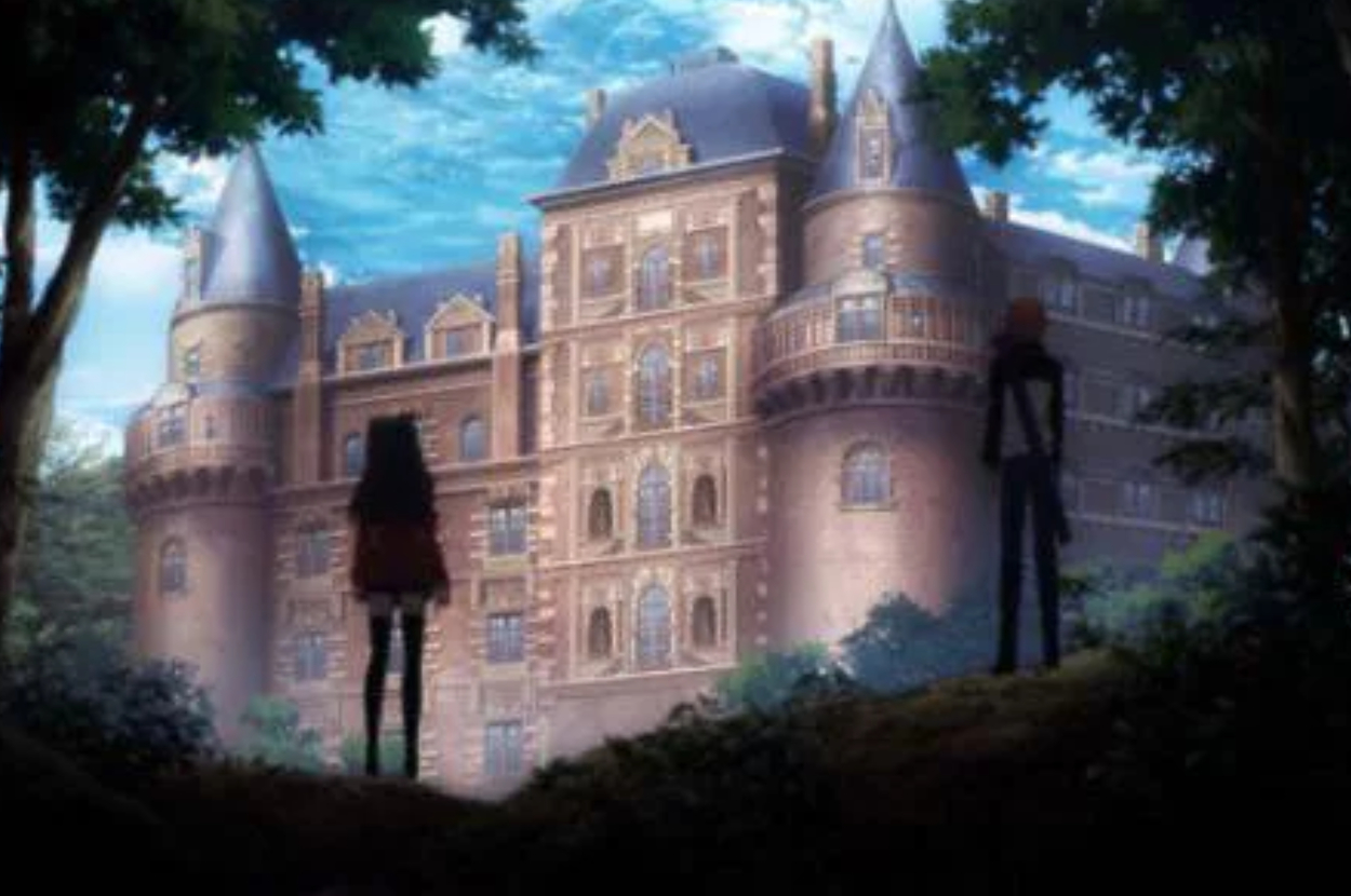 Two animated characters stand near a forest, looking at an illuminated castle at dusk