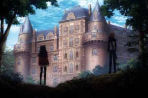 Two animated characters stand near a forest, looking at an illuminated castle at dusk