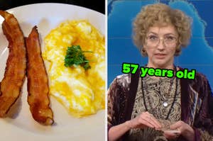 On the left, a plate with bacon and scrambled eggs, and on the right, Heidi Gardner wearing glasses and a wig on SNL labeled 57 years old