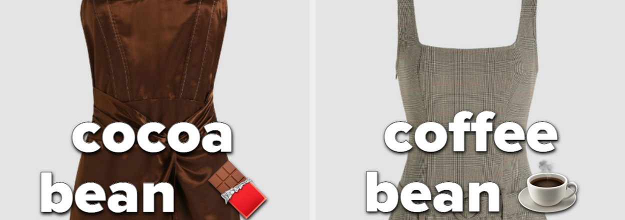 Two themed dresses: one inspired by a cocoa bean with a chocolate bar accessory, and the other by a coffee bean with a cup charm