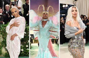 Three celebrities in unique outfits at a fashion event