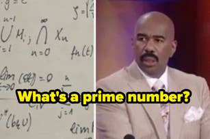 Man on game show puzzled by math question. Text: "What's a prime number?" Complex equations in the background