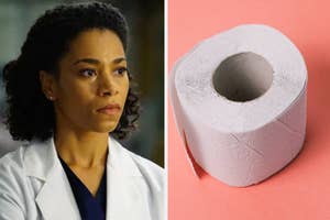 Image split in two: Left shows a woman in a white lab coat, right displays a roll of toilet paper with no cardboard tube