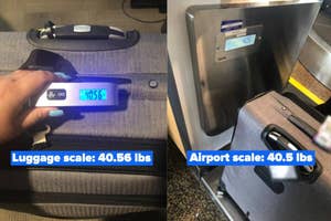 reviewer weighing luggage with digital scale and comparing to weight on airport scale