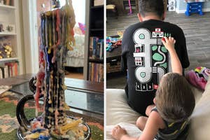 Left: Melted multicolored candle sculpture. Right: Child playing with a toy game on adult's t-shirt back