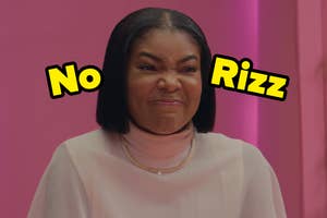 Woman making a skeptical face with the words "No Rizz" displayed