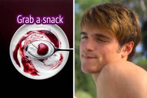 Cherry yogurt with the words "Grab a snack" and Jacob Elordi biting his lip.