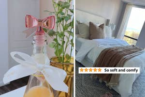 the pink bow wine stopper on a bottle / reviewer wearing blue cocktail ring set