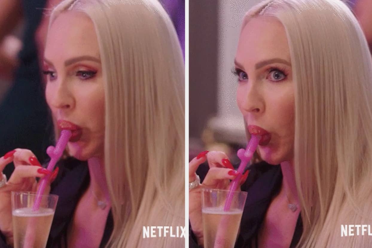 Two side-by-side images of a woman with long blonde hair drinking from a straw, Netflix logo visible