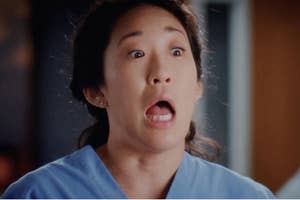Expressive female doctor (Dr. Cristina Yang) in scrubs appears surprised or shocked in a medical drama scene