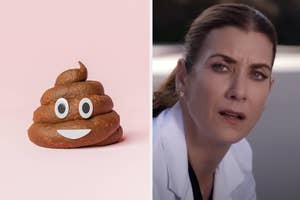 An animated poop emoji next to a still of a woman with a concerned expression