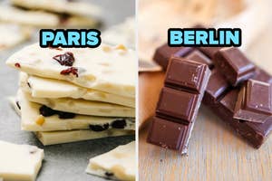 White chocolate with nuts and cranberries labeled "PARIS" next to dark chocolate pieces labeled "BERLIN"