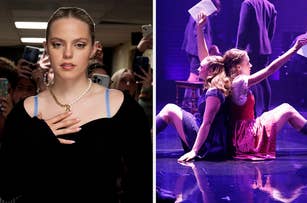 Left: Woman in black outfit with chain necklace. Right: Stage performers in a dramatic pose