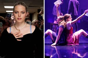 Left: Woman in black outfit with chain necklace. Right: Stage performers in a dramatic pose