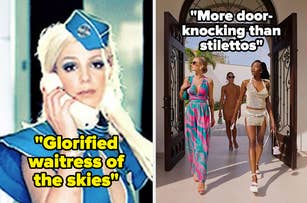 Side-by-side images, left: Person in flight attendant outfit, right: Two models in chic attire walking, followed by a person