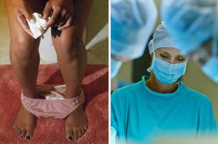 Person using menstrual cup in a bathroom and a healthcare professional in scrubs and surgical mask