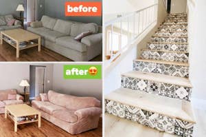 Before and after images of a living room and staircase, showing updated furniture and decorative stair decals