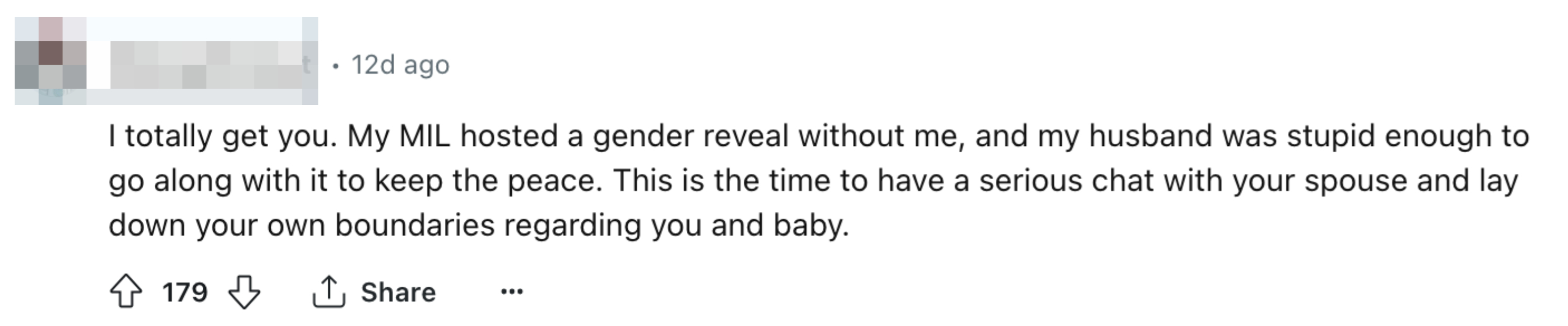 A screenshot of a social media comment discussing the poster&#x27;s frustration about a family member organizing a gender reveal without their consent
