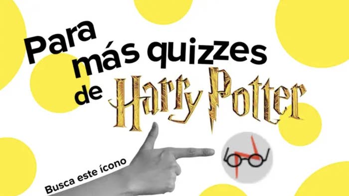 Anuncio de &quot;Harry Potter&quot; con texto &quot;Para más quizzes de Harry Potter&quot; y un icono de gafas. Mano señalando el texto