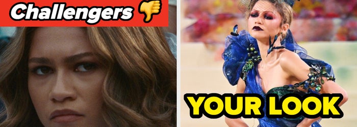 Split image: Left side shows a woman's intense face; right side shows a person in a dramatic blue dress with ruffles and headpiece