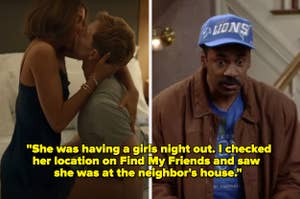 Two separate scenes from a TV show featuring adults in a kiss and a man wearing a cap with the word 'Lions'. Text overlay shares a quote from the show