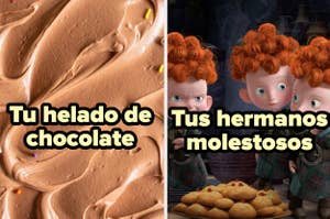 Imagen dividida con helado de chocolate en el lado izquierdo y los personajes de "Brave", Merida y sus hermanos, al lado derecho