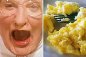 An expressive woman with glasses is shocked; on the right is a close-up of scrambled eggs