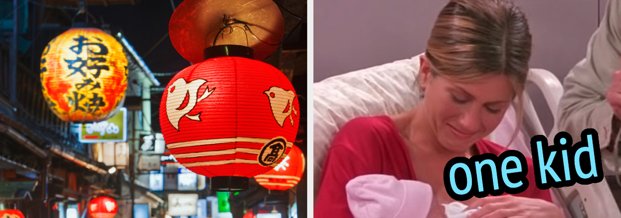 On the left, a bustling street in Japan at night with illuminated lanterns, and on the right, Rachel from Friends holding a newborn baby in a hospital bed labeled one kid
