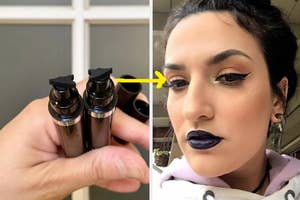 Person holding three lip glosses and a close-up of a person wearing dark lipstick
