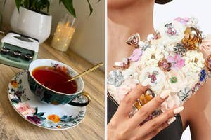 tea set and floral purse