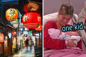 On the left, a bustling street in Japan at night with illuminated lanterns, and on the right, Rachel from Friends holding a newborn baby in a hospital bed labeled one kid