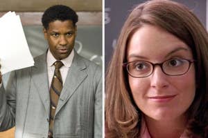 Denzel Washington in a pinstripe suit with tie holding papers; Tina Fey with glasses in a floral top
