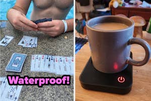 Person playing waterproof cards; coffee mug on a mug warmer with a power indicator light