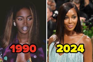 Side-by-side images of Naomi Campbell, left from 1990 and right from 2024, showcasing her timelessness in fashion