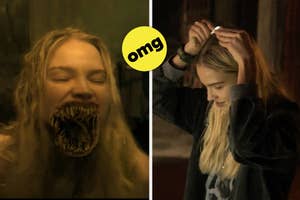 Sasha Luss with a scary monster face on the left and putting something on her head on the right