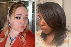 left image: reviewer with a winged eyeliner style; right image: dark skin reviewer with straightened hair that's not frizzy