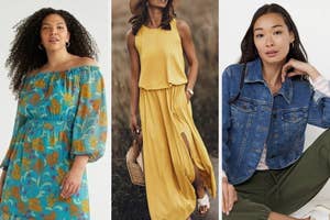 Three women showcasing summer outfits: floral dress, yellow tank with skirt, and denim jacket with pants