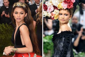 Zendaya in a sleeveless gown, with a detailed accessory on her arm, and a floral headpiece