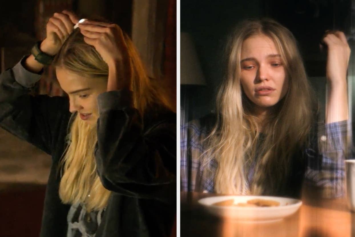 Sasha Luss putting something on her head on the left and in a plaid shirt looks distressed at a table with a bowl and mug on the right