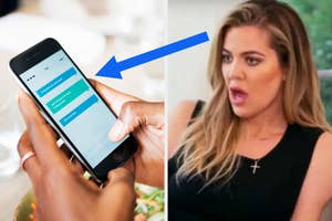 Split image: left - close-up of a hand holding a smartphone with a finance app open; right - woman with surprised expression looking at phone