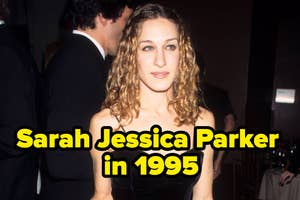 Sarah Jessica Parker at an event in 1999, smiling in a black dress. Text overlay stating her name and year