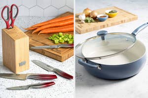 Knife set on a cutting board and a blue saucepan on a stovetop